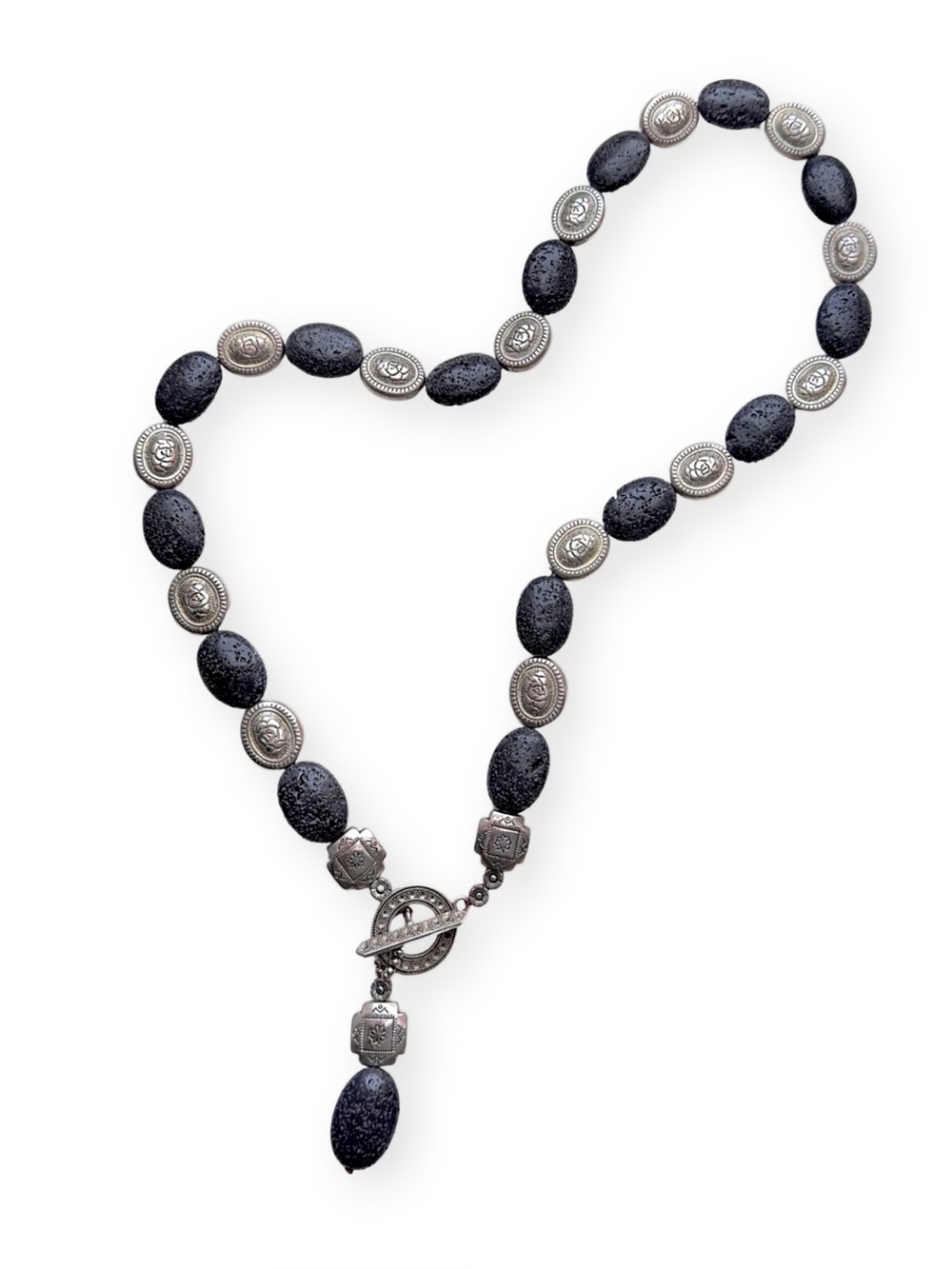 VINTAGE 28” Black Lava Stone Necklace w/ Silver Rose Beads & Toggle Clasp Rosary